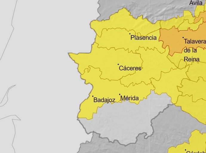 Mapa de Extremadura con avisos