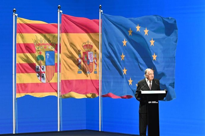 El presidente de la Fundación Ibercaja, Amado Franco Lahoz, interviene durante la entrega de las ayudas 'Docentes Referentes' de la Fundación Ibercaja, en el Monasterio de Cogullada, a 8 de julio de 2026, en Zaragoza, Aragón (España). En esta primera edic