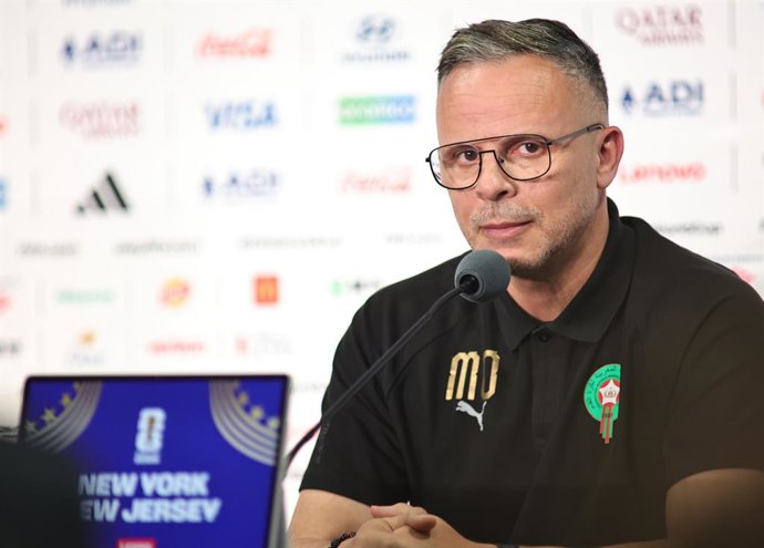 12 June 2026, US, East Rutherford: Morocco head coach Mohamed Ouahbi speaks during the team's press conference at MetLife Stadium ahead of the 2026 FIFA World Cup Group C soccer match between Morocco and Brazil. Photo: Jess Stiles/ZUMA Press Wire/dpa