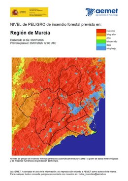 El nivel de riesgo de incendio forestal para este jueves es muy alto o extremo en toda la Región