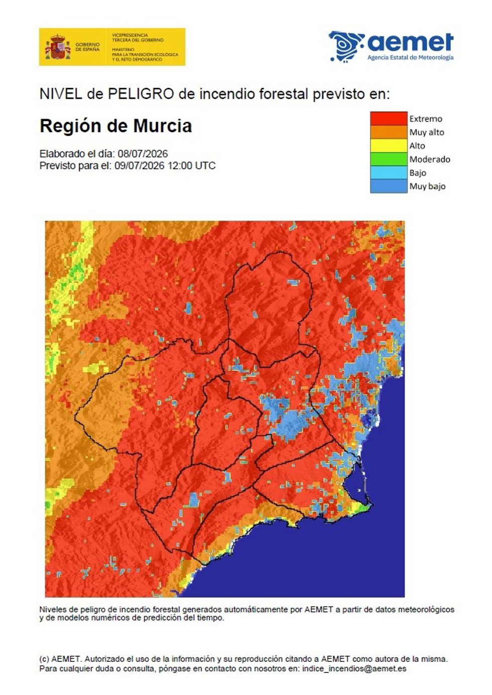 El nivel de riesgo de incendio forestal para este jueves es muy alto o extremo en toda la Región