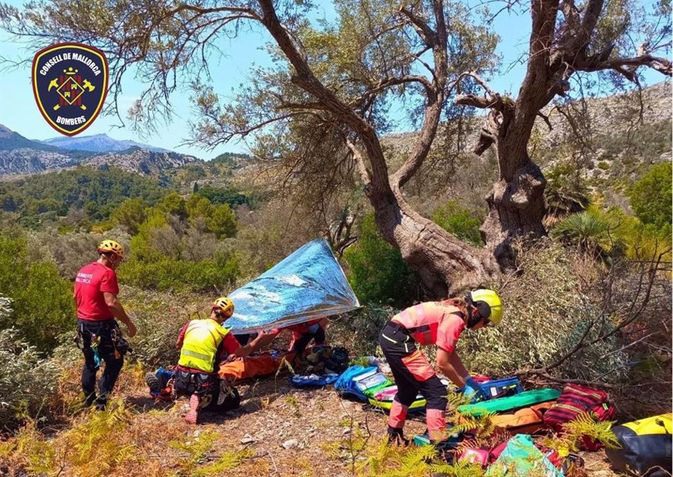 Bomberos socorren a un hombre que cayó de un árbol en una finca en Pollença.