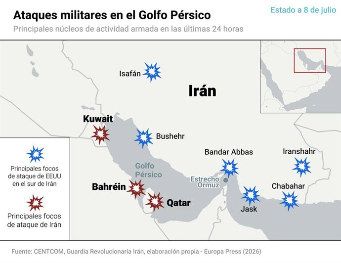 Mapa con estado de la guerra en Irán a 8 de julio de 2026. El Ejército de Estados Unidos ha vuelto este miércoles a atacar Irán por segunda jornada consecutiva y en pleno repunte de las tensiones en el estrecho de Ormuz, tan solo horas después de que el p