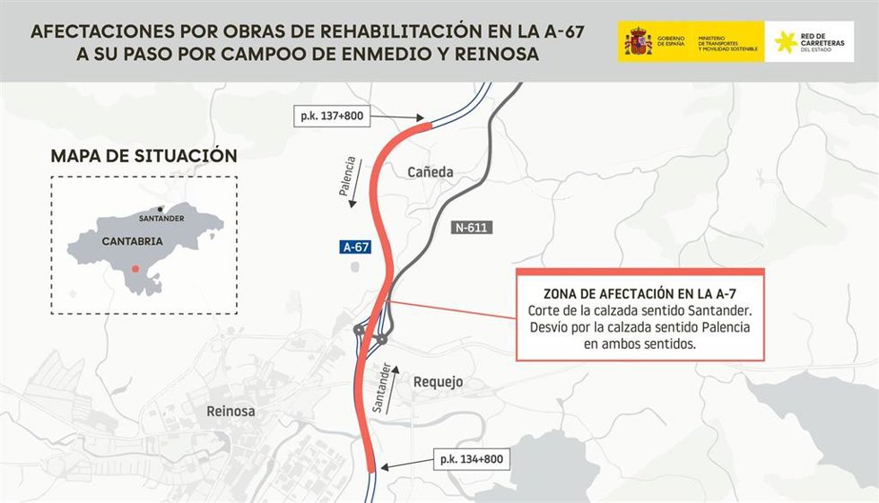 La calzada derecha de la A-67 en sentido Santander se cortará al tráfico hasta final de mes en la zona de Reinosa