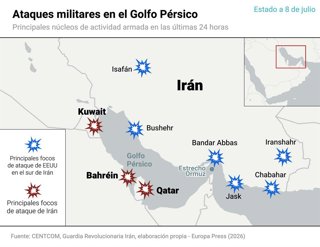 Mapa con estado de la guerra en Irán a 8 de julio de 2026. El Ejército de Estados Unidos ha vuelto este miércoles a atacar Irán por segunda jornada consecutiva y en pleno repunte de las tensiones en el estrecho de Ormuz, tan solo horas después de que el