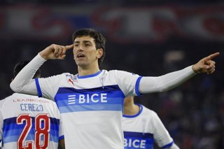 Futbol, Universidad Catolica vs Everton. Fecha 2, Copa Chile 2026. El jugador de Universidad Catolica Justo Giani celebra tras marcar un gol contra Everton durante el partido de la Copa Chile disputado en el Claro Arena de Santiago,