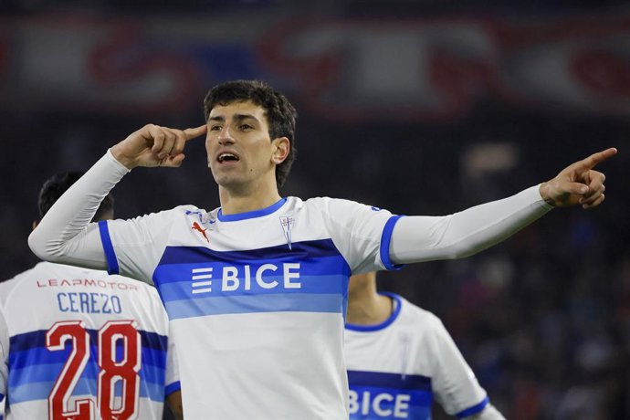 Futbol, Universidad Catolica vs Everton. Fecha 2, Copa Chile 2026. El jugador de Universidad Catolica Justo Giani celebra tras marcar un gol contra Everton durante el partido de la Copa Chile disputado en el Claro Arena de Santiago,