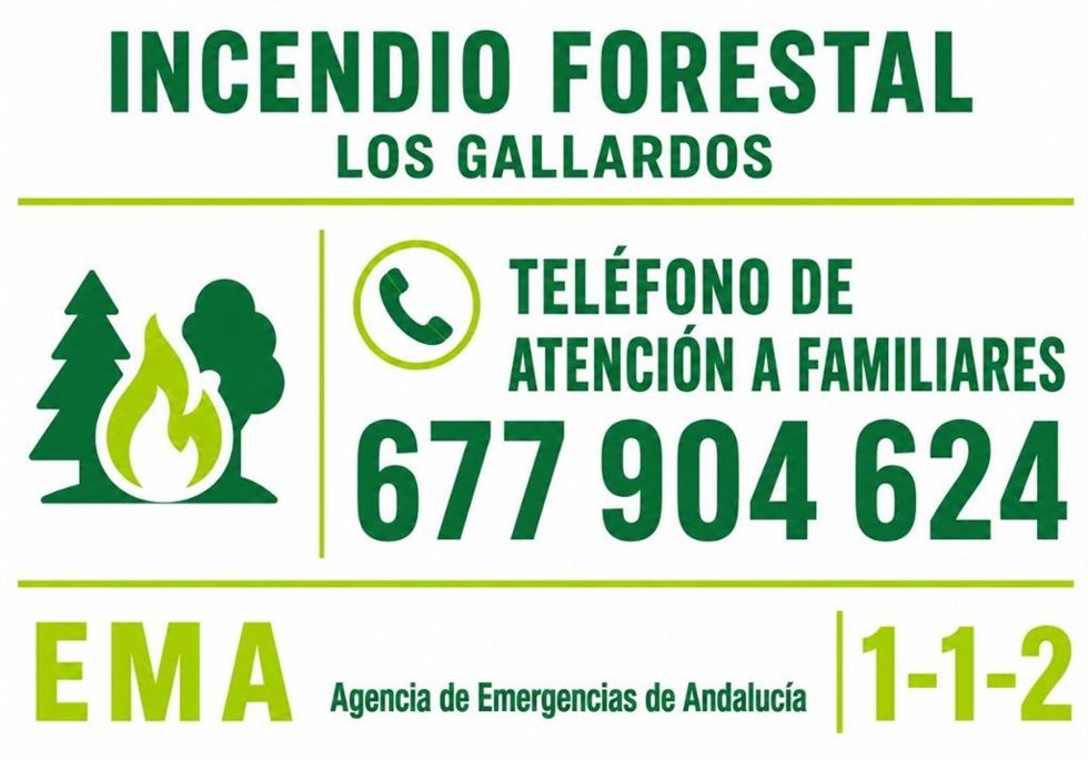 Número de teléfono habilitado para atender a familiares de afectados por el incendio de Los Gallardos (Almería)