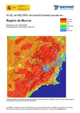 El nivel de riesgo de incendio forestal para este viernes es extremo en el Altiplano, la Cuenca de Mula y el Guadalentín