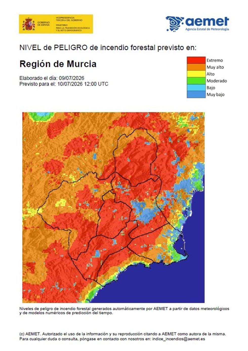El nivel de riesgo de incendio forestal para este viernes es extremo en el Altiplano, la Cuenca de Mula y el Guadalentín