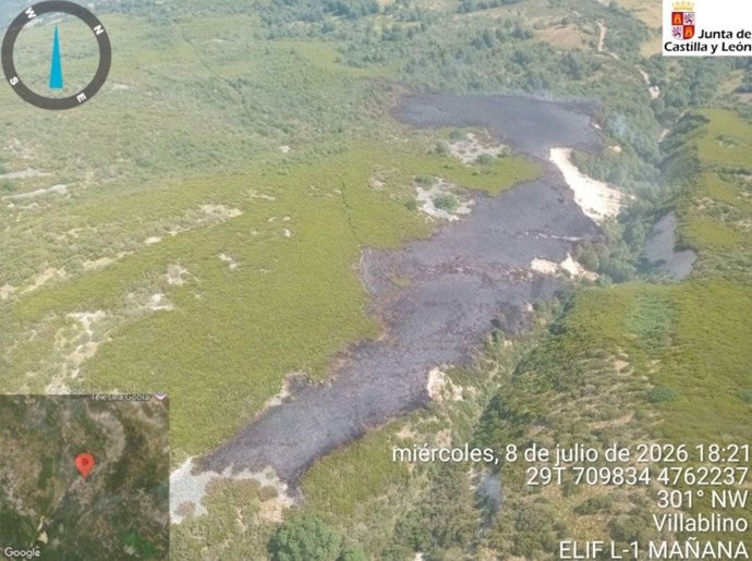 Vista aérea de la superficie afectada por el momento por el incendio de Caboalles de Arriba (León).