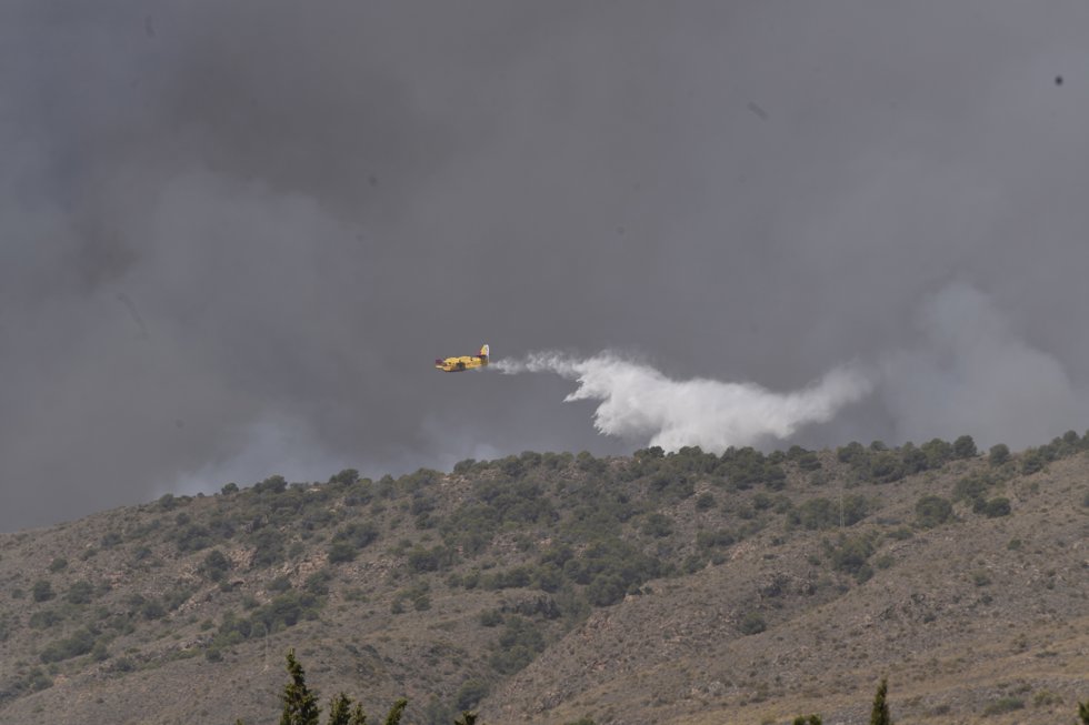 Un hidroavión trabaja en las labores de extinción del incendio forestal, a 10 de julio de 2026, en Los Gallardos, Almería, Andalucía (España).
