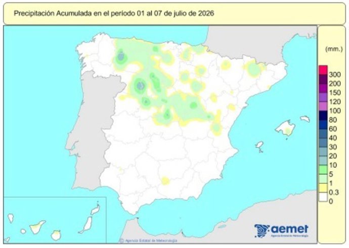 El superávit de lluvias en España sigue cayendo del 42% a principios de año al 9% sobre el nivel normal, con 611 l/m2.