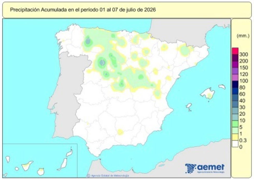 El superávit de lluvias en España sigue cayendo del 42% a principios de año al 9% sobre el nivel normal, con 611 l/m2.