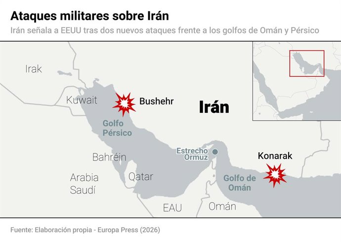 Mapa con el estado de la guerra en Irán a 10 de julio. Las autoridades de Irán han denunciado a última hora de este jueves dos ataques contra los condados de Konarak y Bushehr, situados frente a los golfos de Omán y Pérsico, respectivamente, y han apuntad