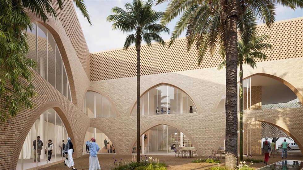 Recreación del patio central del centro cultural islámico promovido por Fundación Mezquita de Sevilla, con diseño de Vázquez Consuegra