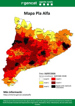 Mapa del pla Alfa per incendi forestal a Catalunya aquest divendres