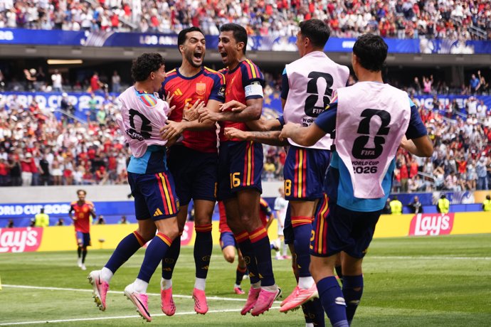 Mikel Merino of Spain celebrates after scoring his team's second goal with teammates during the FIFA World Cup 2026 Quarter Final match between Spain and Belgium at Los Angeles Stadium on July 10, 2026 in Inglewood, California.