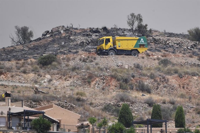 Terrenos carbonizados pelo incêndio florestal, em 10 de julho de 2026, em Los Gallardos, Almería, Andaluzia (Espanha). O incêndio florestal que se iniciou nesta quinta-feira, 9 de julho, na localidade de Los Gallardos, em Almería, deixou onze mortos e oit