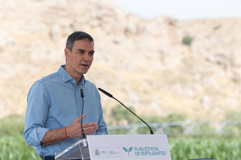 El presidente del Gobierno, Pedro Sánchez, durante la presentación del Plan Estatal de Fertilizantes, en la Finca de Maíz, a 6 de julio de 2026, en San Martín de la Vega, Madrid (España).
