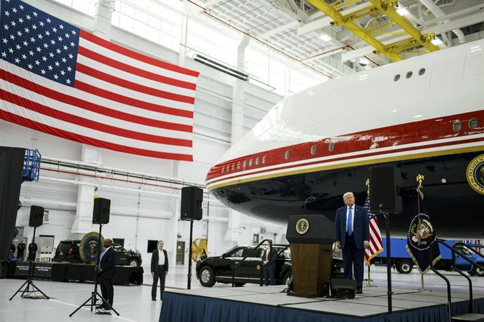 June 23, 2026, Clinton, Md, United States of America: U.S. President Donald Trump remarks after touring the former Qatari Royal Family Boeing 747-8 airliner, now refurbished as Air Force One at the Presidential Airlift Group hangar at Joint Base Andrews, 