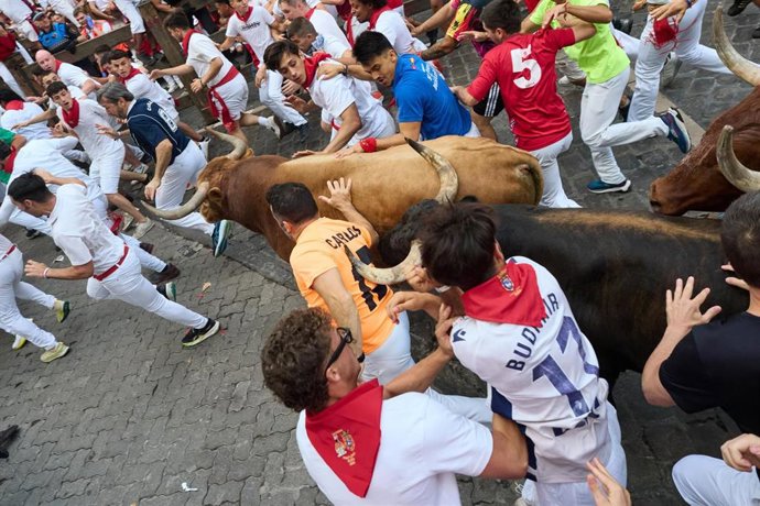 Sexto encierro de los Sanfermines de 2026 con toros de la ganadería de La Palmosilla.