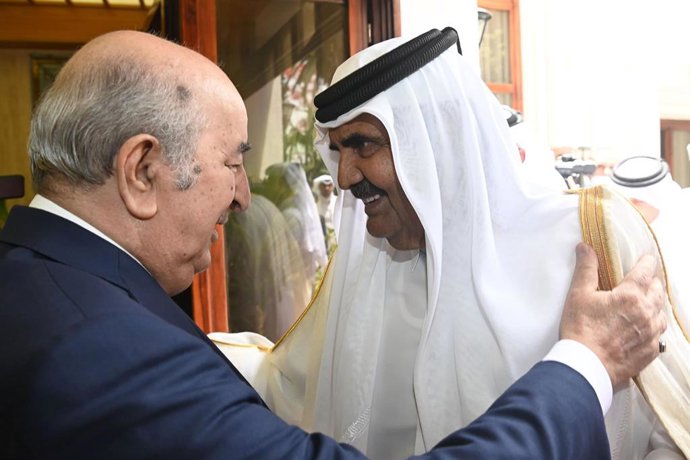 June 19, 2023, Algeria, Algeria, Algeria: Algerian President Abdelmadjid Tebboune meets with the Emir of the State of Qatar, Sheikh Hamad bin Khalifa Al Thani, in Algeria on June 19, 2023