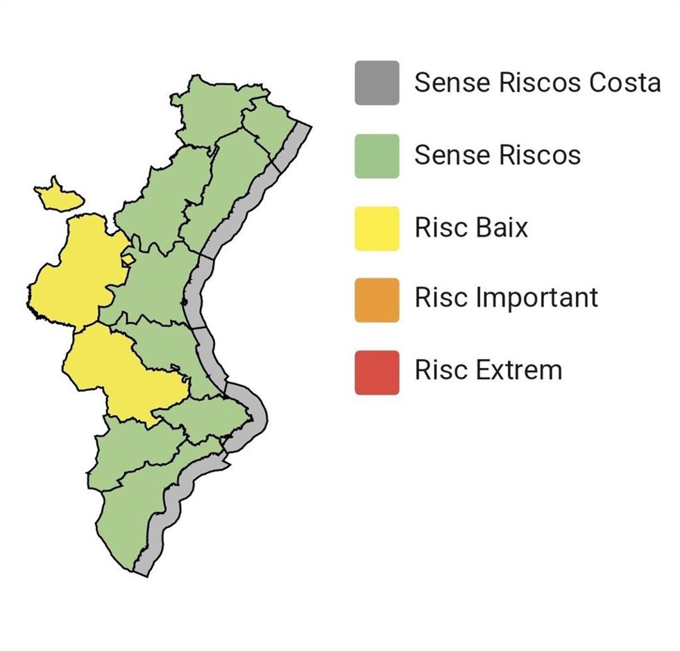 Alertas meteorológicas para este domingo y lunes en la Comunitat Valenciana