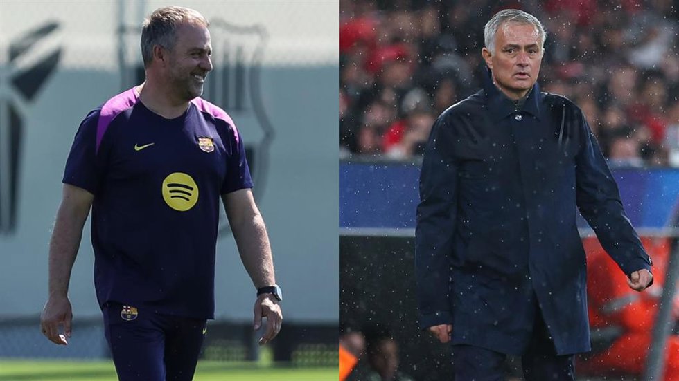 El técnico alemán del FC Barcelona, Hansi Flick (izquierda), y el portugués José Mourinho, en su etapa en el SL Benfica.