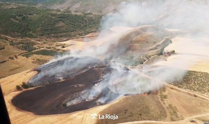 Medios aéreos y terrestres trabajan en la extinción de un incendio en Ribafrecha