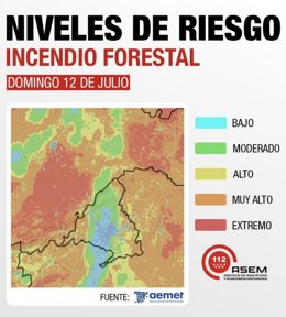 Mapa de niveles de riesgo de incendios forestales en la Comunidad de Madrid para el 12 de julio de 2026.