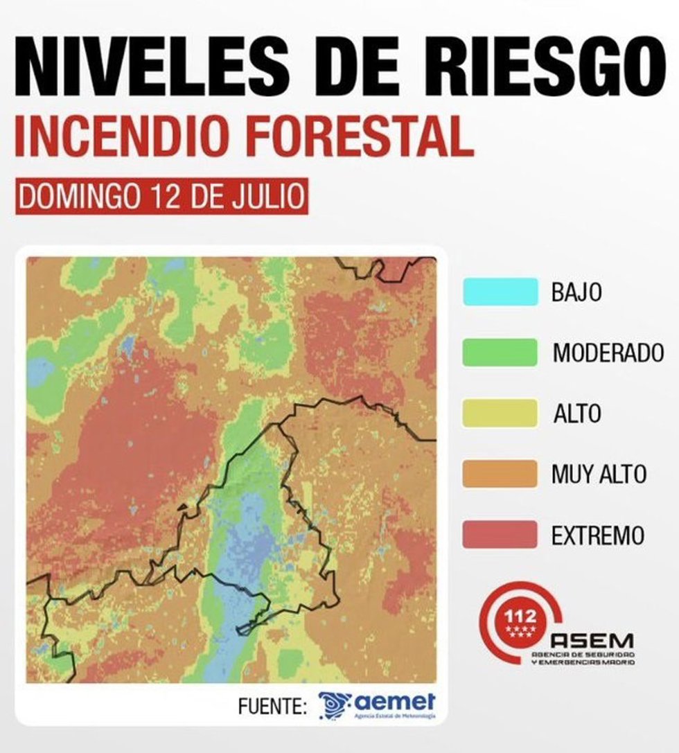 Mapa de niveles de riesgo de incendios forestales en la Comunidad de Madrid para el 12 de julio de 2026.