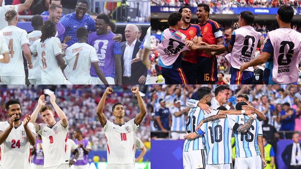 Los jugadores de Francia (izquierda arriba), España (derecha arriba), Inglaterra (izquierda abajo) y Argentina celebran sus triunfos en cuartos de final del Mundial 2026.