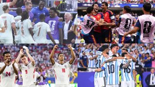 Los jugadores de Francia (izquierda arriba), España (derecha arriba), Inglaterra (izquierda abajo) y Argentina celebran sus triunfos en cuartos de final del Mundial 2026.
