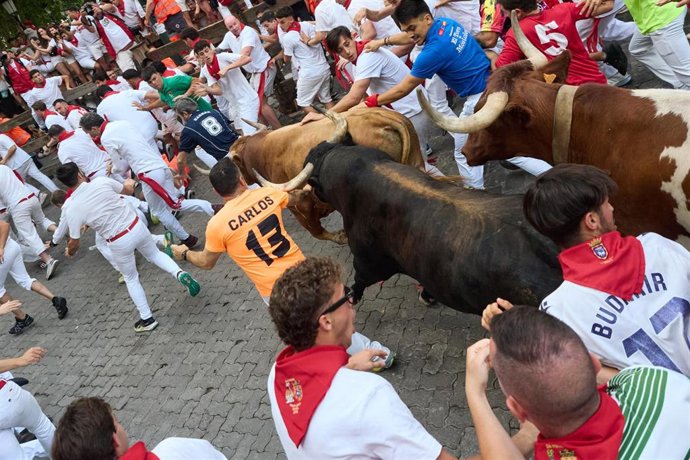 el sexto encierro de los Sanfermines de 2026, a 12 de julio de 2026, en Pamplona, Navarra (España). Este año, los toros de la ganadería de La Palmosilla protagonizan el sexto encierro de las fiestas de San Fermín.