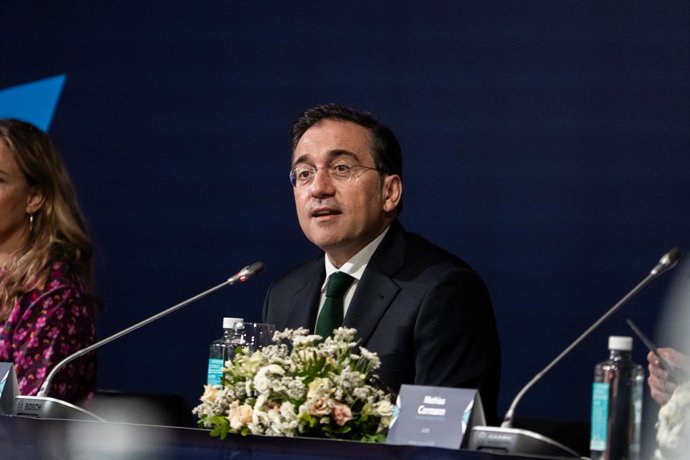 O ministro das Relações Exteriores, da União Europeia e da Cooperação, José Manuel Albares, durante o Diálogo Ministerial OCDE – América Latina e Caribe, na Casa América, em 1º de julho de 2026, em Madri (Espanha). O encontro é realizado com o objetivo de