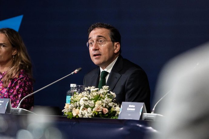 O ministro das Relações Exteriores, da União Europeia e da Cooperação, José Manuel Albares, durante o Diálogo Ministerial OCDE – América Latina e Caribe, na Casa América, em 1º de julho de 2026, em Madri (Espanha). O encontro é realizado com o objetivo de