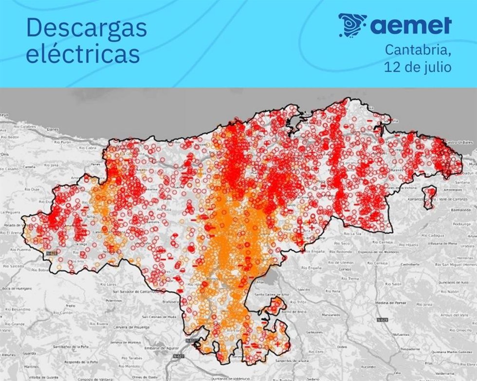 Mapa de descargas eléctricas el domingo en Cantabria