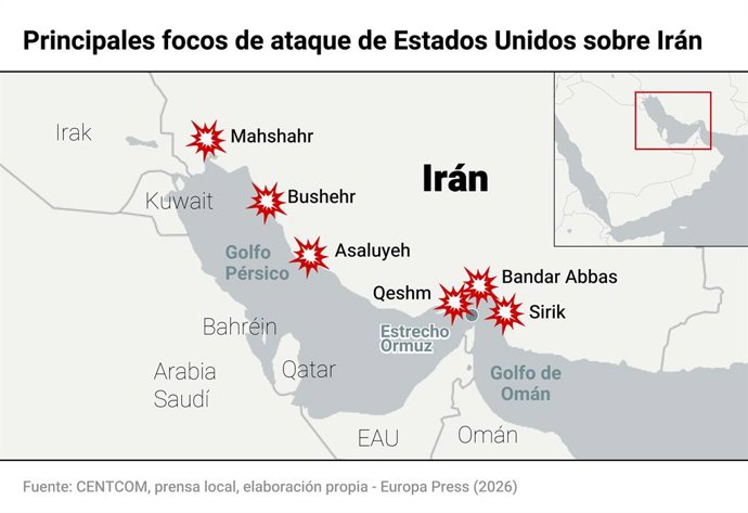 Mapa con ataques de Estados Unidos sobre Irán. El Ejército de Estados Unidos ha anunciado la conclusión de una nueva oleada de "ataques ofensivos" contra "decenas de objetivos en múltiples ubicaciones" en una operación cuya meta declarada es "debilitar la