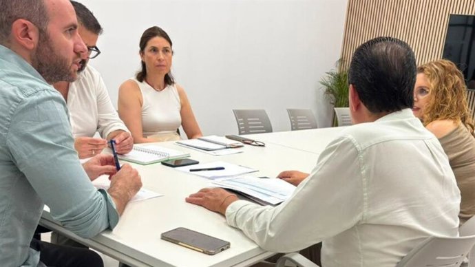 El delegado de Habitat Urbano de Alcalá de Guadaíra (Sevilla), David Delgado, y técnicos de su delegación en una reunión con los responsables de Endesa.