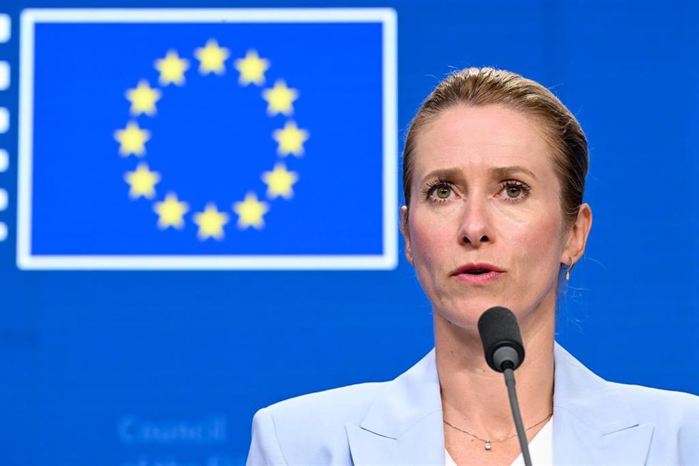 La alta representante de la Unión Europea para Política Exterior, Kaja Kallas, durante una rueda de prensa en Bruselas