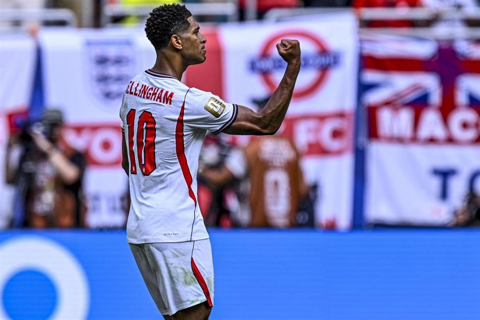 El centrocampista inglés Jude Bellingham celebra un gol con Inglaterra ante Noruega en el Mundial 2026.