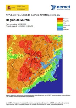 Nivel de peligro de incendio forestal previsto para este martes en la Región de Murcia