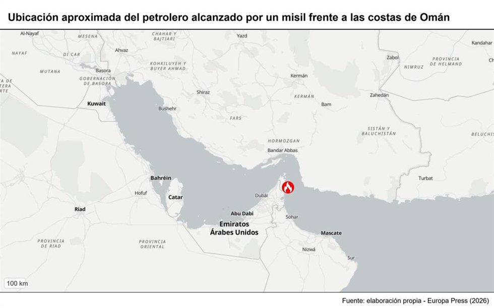 Archivo - Ubicación aproximada del petrolero alcanzado por un misil frente a las costas de Omán