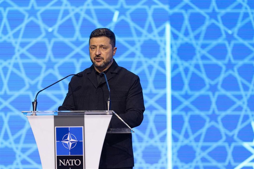 El presidente ucraniano, Volodimir Zelenski, durante un foro empresarial en el marco de la cumbre de la OTAN.