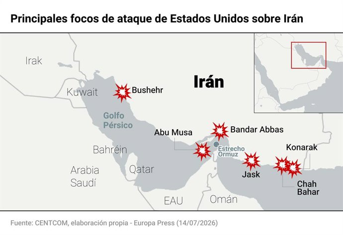 Mapa con ataques de Estados Unidos sobre Irán. El Mando Central del Ejército de Estados Unidos (CENTCOM) ha anunciado este lunes una nueva oleada de ataques contra territorio iraní por tercera noche consecutiva después de que el presidente estadounidense,