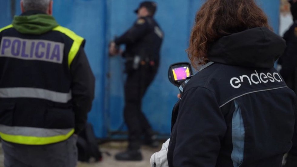 Agentes de la policía, en una operación para desmantelar cultivos indoor de marihuana y contra delitos de fraude eléctrico, en presencia de técnicos de la compañía