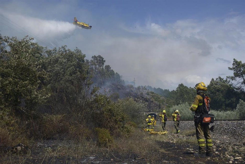 Bomberos y un hidroavión trabajan en las tareas de extinción del incendio forestal de Untes, a 13 de julio de 2026, en Untes, Ourense, Galicia (España). 