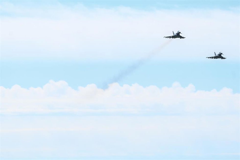 13 July 2026, Lower Saxony, Wittmund: Two Airbus Defence and Space Eurofighter Typhoons fly over Tactical Air Force Wing 71 "Richthofen" at Wittmund Air Base in Wittmund, Germany. Photo: Lars Penning/dpa