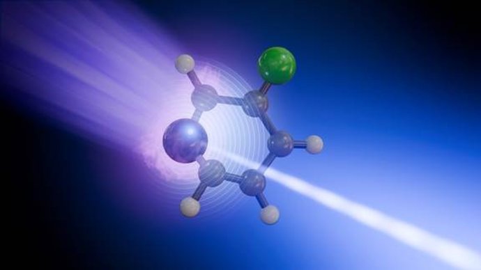Ilustração que mostra o momento em que o laser atravessa a molécula. Autor: Enrique Sahagun/European XFEL.